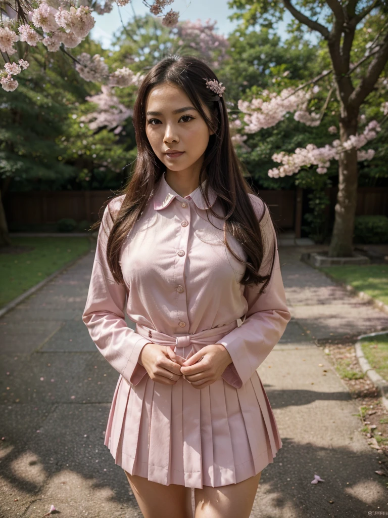 (best quality,4k,8k,highres,masterpiece:1.2),ultra-detailed,(realistic,photorealistic,photo-realistic:1.37),japanese woman,50 years old,sexy japanese school uniform,detailed facial features,dark hair,intense gaze,confident smile,captivating eyes,the woman standing tall,slim figure,graceful posture,soft lighting emphasizing her beauty,pink cherry blossoms in the background,sunlight filtering through the trees,light creating a dreamy atmosphere,subtle shadows adding depth,rich color palette with vibrant hues,subtle shades of pink and purple,delicate cherry blossom petals floating in the air,meticulous attention to detail on the school uniform,crisp pleats and buttoned collar,elegant accessories like a bow and knee-high socks,dynamic composition with the woman in the foreground,bokeh effect highlighting her presence,impeccable craftsmanship in every brushstroke,resulting in a stunning portrait of a mature and alluring Japanese woman.