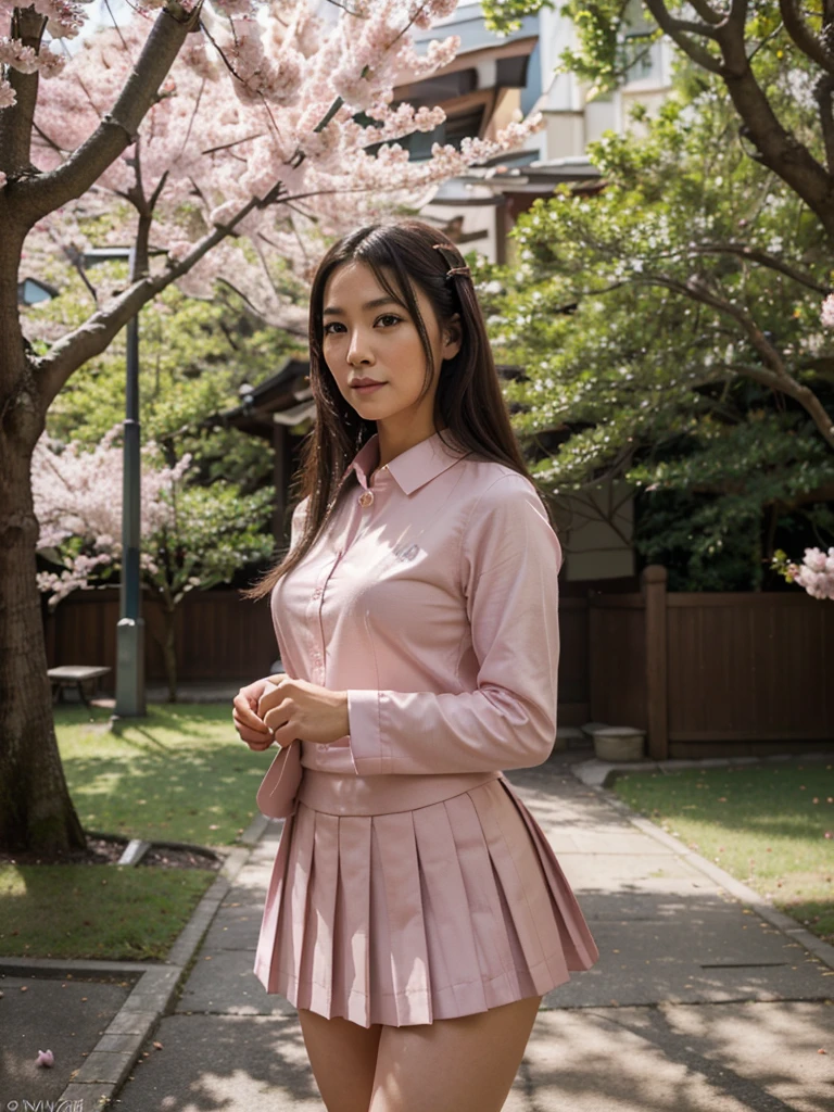 (best quality,4k,8k,highres,masterpiece:1.2),ultra-detailed,(realistic,photorealistic,photo-realistic:1.37),japanese woman,50 years old,sexy japanese school uniform,detailed facial features,dark hair,intense gaze,confident smile,captivating eyes,the woman standing tall,slim figure,graceful posture,soft lighting emphasizing her beauty,pink cherry blossoms in the background,sunlight filtering through the trees,light creating a dreamy atmosphere,subtle shadows adding depth,rich color palette with vibrant hues,subtle shades of pink and purple,delicate cherry blossom petals floating in the air,meticulous attention to detail on the school uniform,crisp pleats and buttoned collar,elegant accessories like a bow and knee-high socks,dynamic composition with the woman in the foreground,bokeh effect highlighting her presence,impeccable craftsmanship in every brushstroke,resulting in a stunning portrait of a mature and alluring Japanese woman.