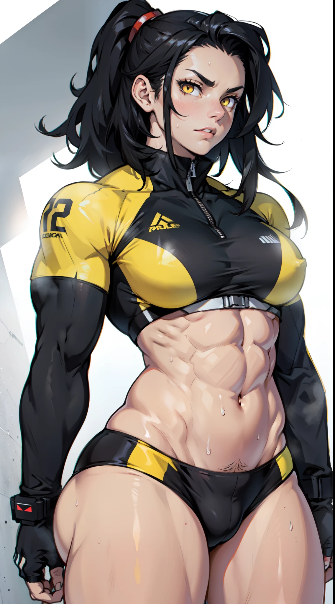 sweaty navel black hair yellow eyes pale skin girl muscular thick muscular thick 