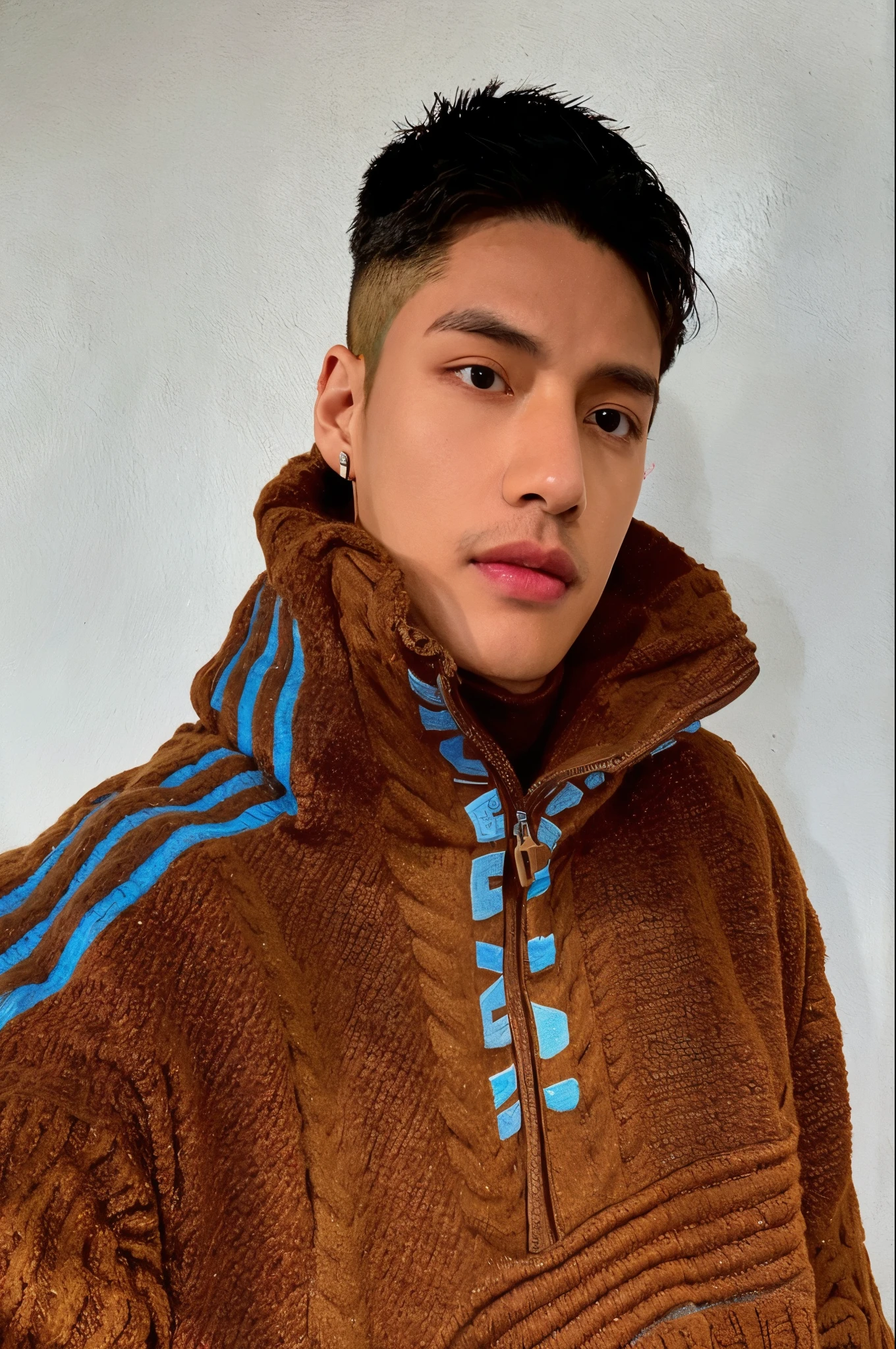 homem arafiado com uma jaqueta marrom com listras azuis, he is wearing a brown sweater, inspirado em Kim Taehyung, wearing a colorful coogi sweater, usando roupas adidas, BTS Taehyung, jovem, foto de perfil 