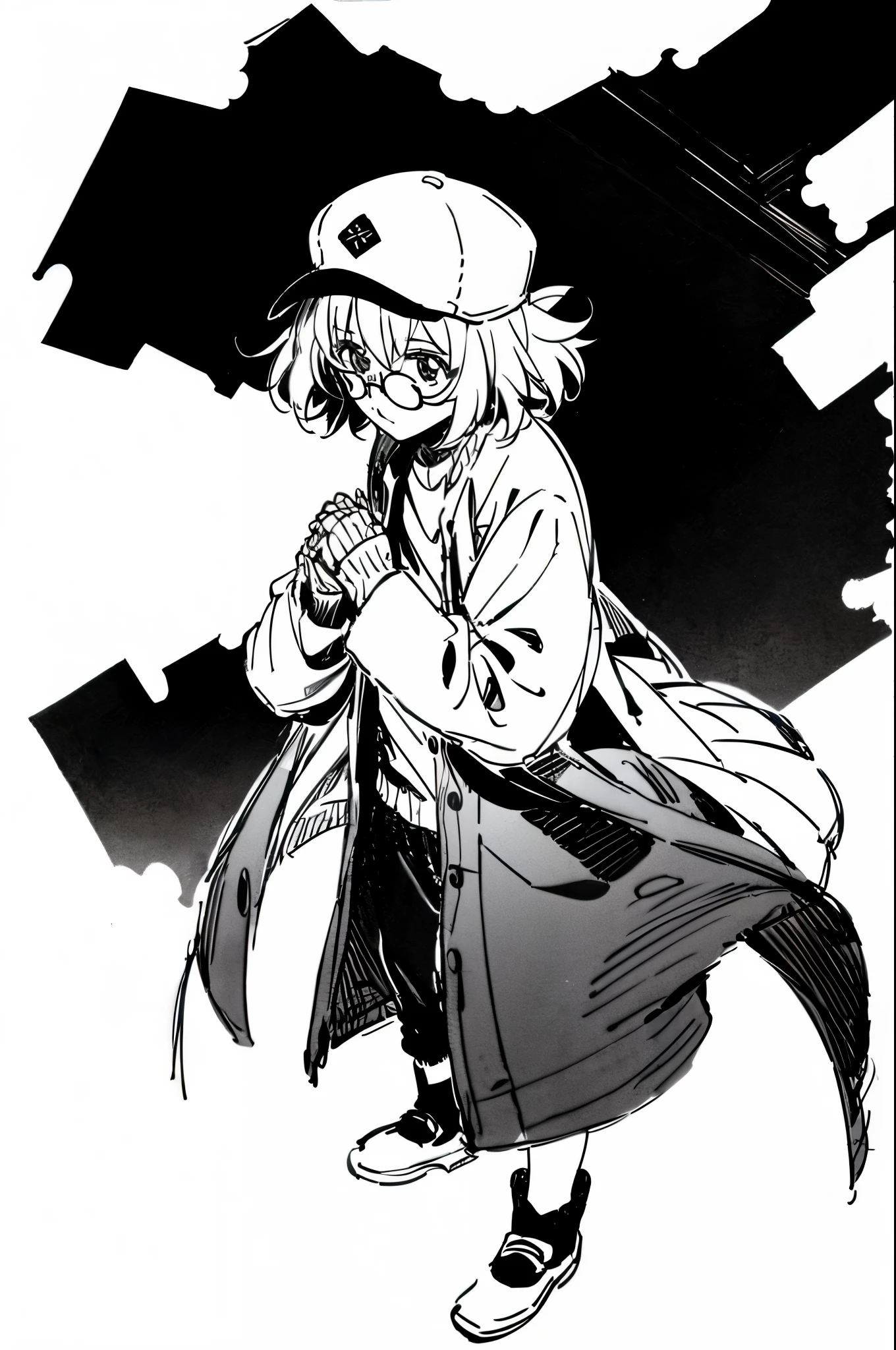 Mirai Kuriyama wearing a coat and a cap hiding her face with her hands, ((empty background)), winter, VHS, vintage, red glasses, manga style, white background, ((monochrome)), far away shot, (sketch), long sleeves, 1girl, looking up, casual clothes, full body