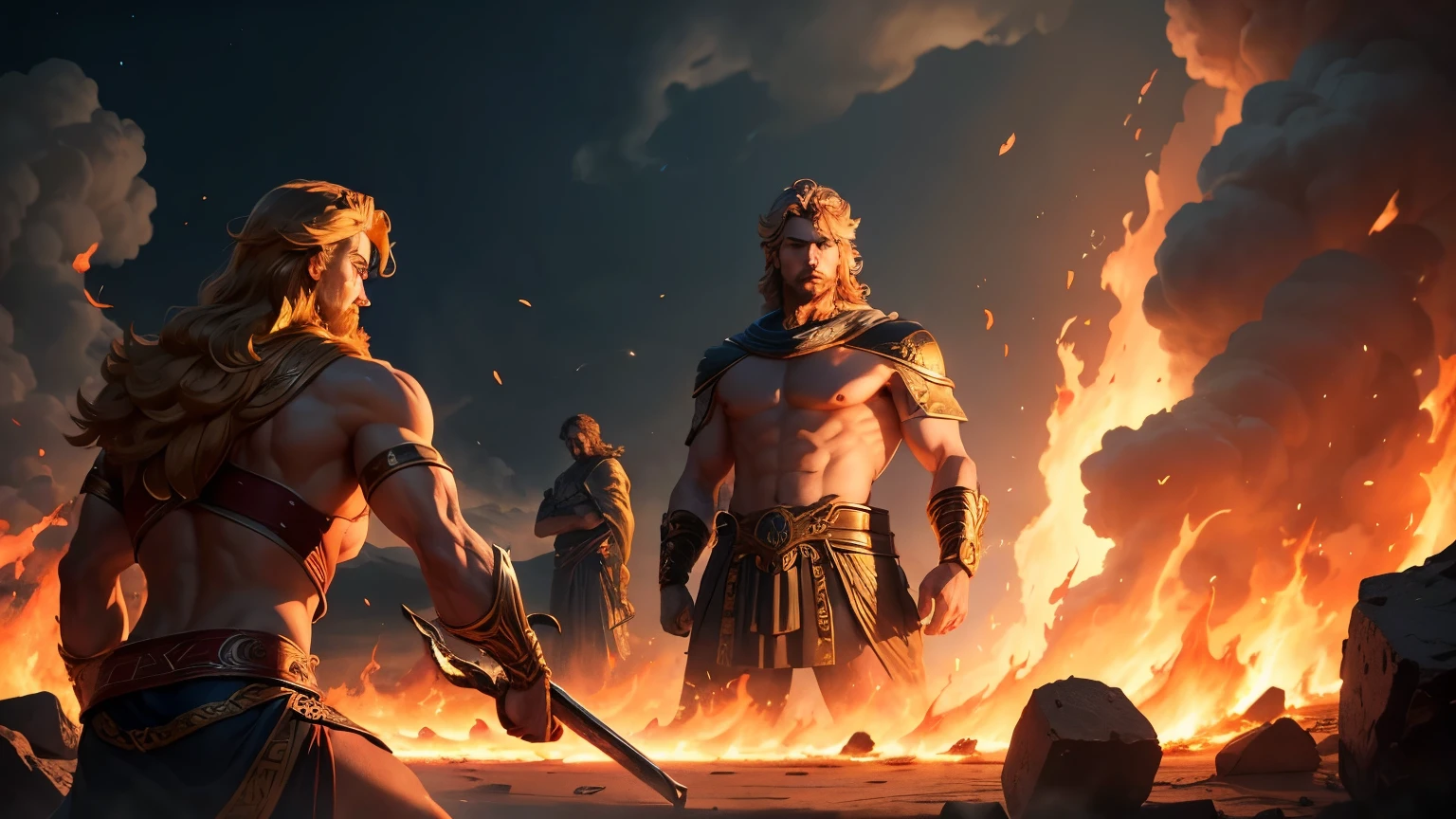 Greek gods looking at a battlefield of flames