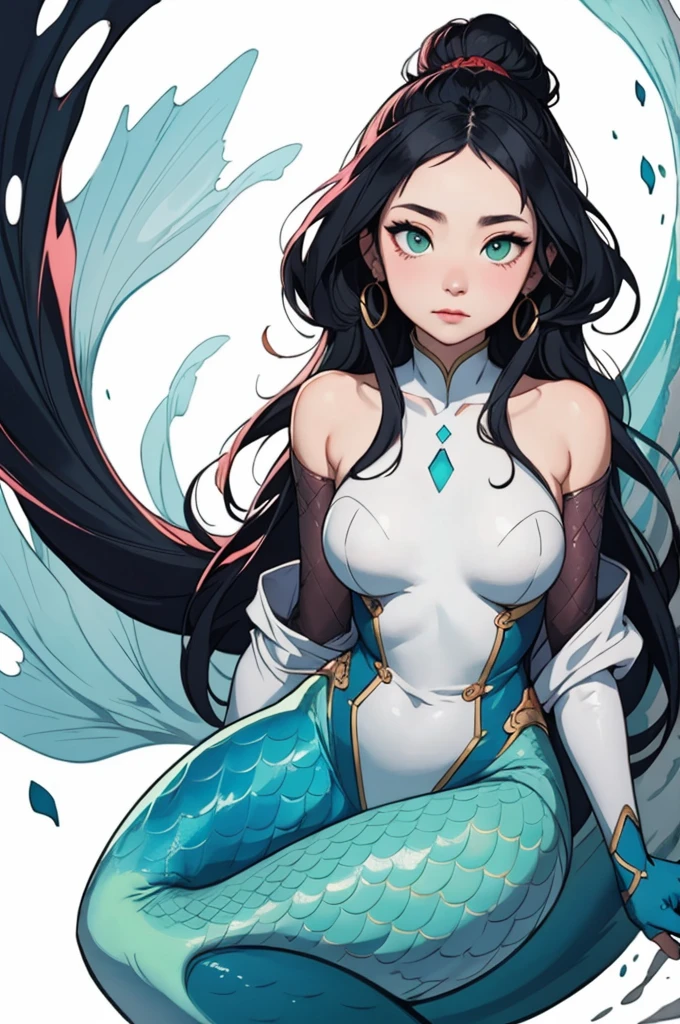 a full shot of a mermaid with pale white skin, green eyes, voluminous woman, ross tran 8k, work of art in the style of guweiz, germ of art. animated illustration, ross tran style, art germ style, alicia x. zhang, beautiful character painting, in the style of ross tran, beautiful digital artwork, style of art germ
