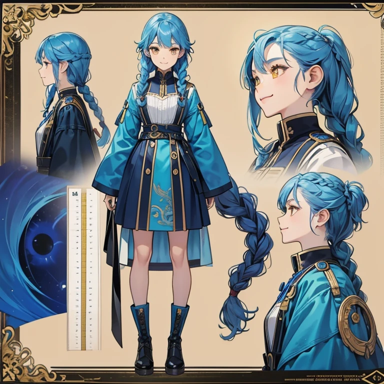 Character design, character sheet, front view, side view, back view, girl, blue hair, two braids, smile, big chest, yellow eye,