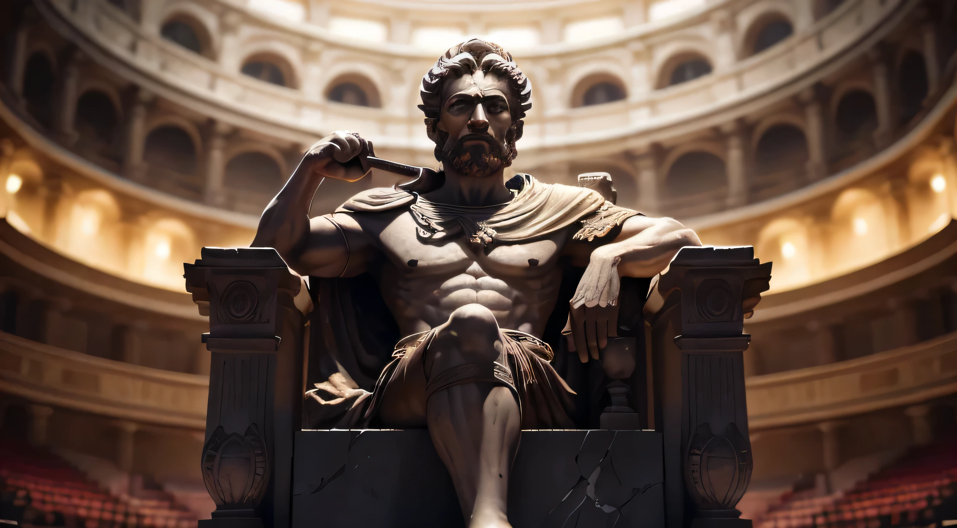 Strong Stoic statue, with an expression of anger, Sentado no meio do Coliseu, digital, na noite escura, fundo grego antigo do templo, 35mm, lateralmente, Filmado em Sony A7S III com Sony FE 35mm f/1.8, 12.1 MP, --com 3:2 --estilo cru