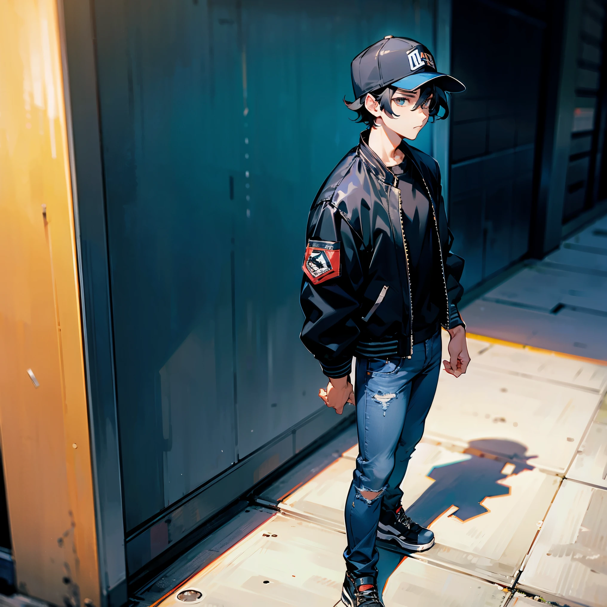 1male , young Male , Black Hair , , Baseball Cap , Black Bomber Jacket  , Standing on sidewalk, Blue Jeans