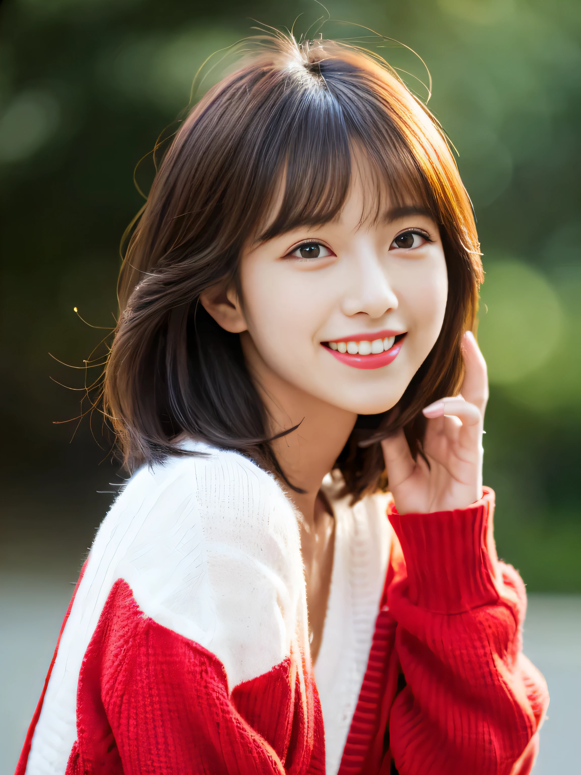 top quality, ultra high resolution, photorealistic, 1 girl,高解像度のfull body image, red lips smiling like a honoka, smile, slightly visible, red sweater, denim skirt,full body image,soft lighting, detailed skin, bangs, black hair, clear eyes, short bob hair, transparent, Japan, Korean, Beautiful woman, upper grade, lip gloss, trickle, body line highlights