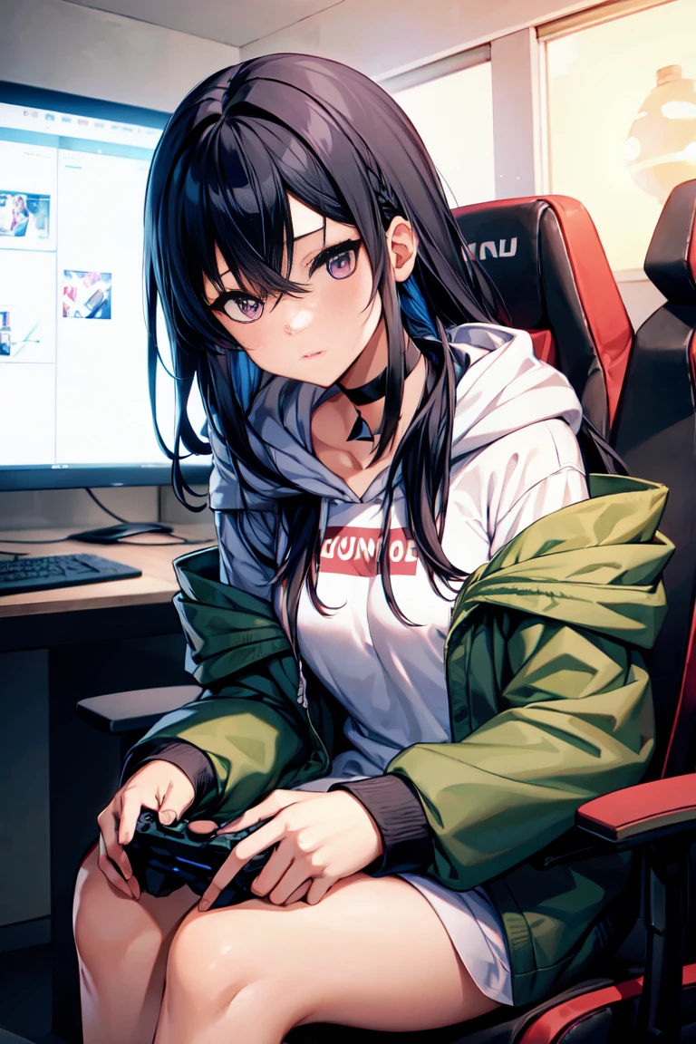 1 girl, alone, aura, long hair, colorful hair, black choker, white hoodie, Hood down, Green jacket, open jacket, bottomless, anime style, Pop style,indoor,Sitting in a gaming chair,playing pcgame,detailed background