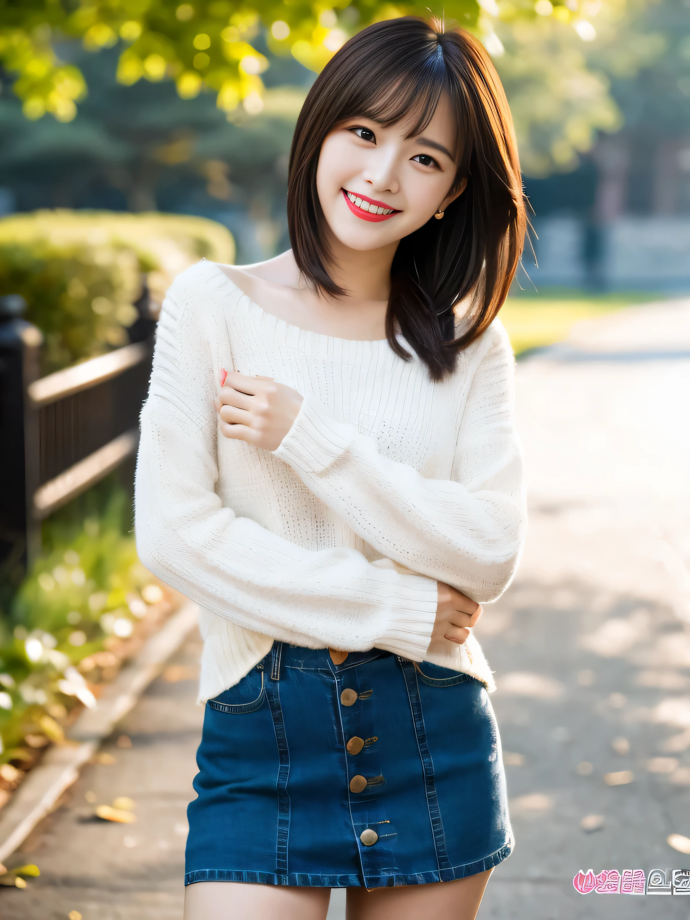 top quality, ultra high resolution, photorealistic, 1 girl,高解像度のfull body image, red lips smiling like a honoka, smile, slightly visible, red sweater, denim skirt,full body image,soft lighting, detailed skin, bangs, black hair, clear eyes, short bob hair, transparent, Japan, Korean, Beautiful woman, upper grade, lip gloss, trickle,  body line highlights