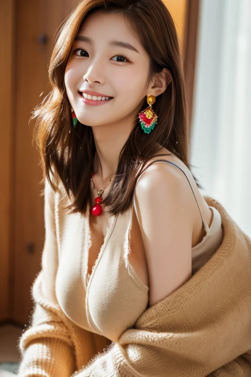 highest quality,8K, Detailed facial depiction, Detailed description of the eyes, brown hair(long wavy hair),beautiful korean girl, 21 years old, taking off underwear, Bear Breast, Because I&#39;m slender, medium chest size, sit with legs apart, smile, Colorful earrings, necklace, 