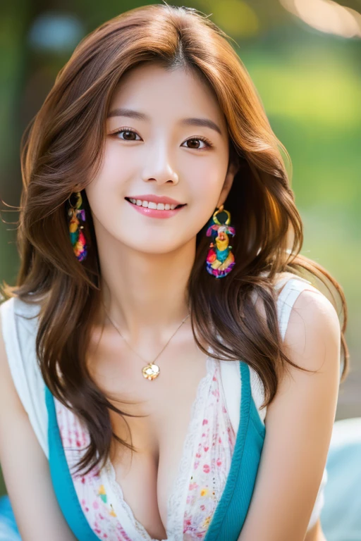 highest quality,8K, Detailed facial depiction, Detailed description of the eyes, brown hair(long wavy hair),beautiful korean girl, 21 years old, taking off underwear, Bear Breast, Because I&#39;m slender, medium chest size, sit with legs apart, smile, Colorful earrings, necklace, 
