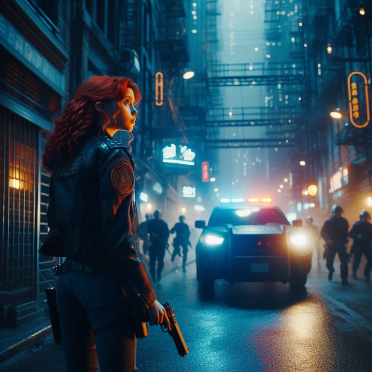 Merida the Brave's red hair from the Disney fairy tale, long, curly, Blade Runner-style cyberpunk city, dark neighborhood, rain, neon lighting, modern flying police car-like vehicle, Merida catches a bandit who is an android in a human body.