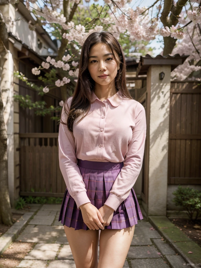 (best quality,4k,8k,highres,masterpiece:1.2),ultra-detailed,(realistic,photorealistic,photo-realistic:1.37),japanese woman,50 years old, smile,sexy japanese school uniform, no shirt, detailed facial features,dark hair,intense gaze,confident smile,captivating eyes,the woman standing tall,slim figure,graceful posture,soft lighting emphasizing her beauty,pink cherry blossoms in the background,sunlight filtering through the trees,light creating a dreamy atmosphere,subtle shadows adding depth,rich color palette with vibrant hues,subtle shades of pink and purple,delicate cherry blossom petals floating in the air,meticulous attention to detail on the school uniform,crisp pleats and buttoned collar,elegant accessories like a bow and knee-high socks,dynamic composition with the woman in the foreground,bokeh effect highlighting her presence,impeccable craftsmanship in every brushstroke,resulting in a stunning portrait of a mature and alluring Japanese woman.