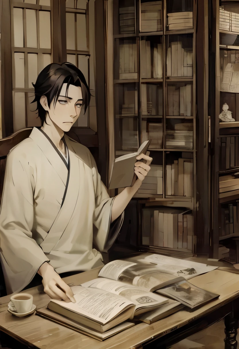 a man holding a book and sitting at a table writing something on a piece of paper, 1man, book, male focus, solo, black hair, bookshelf, sitting,cup