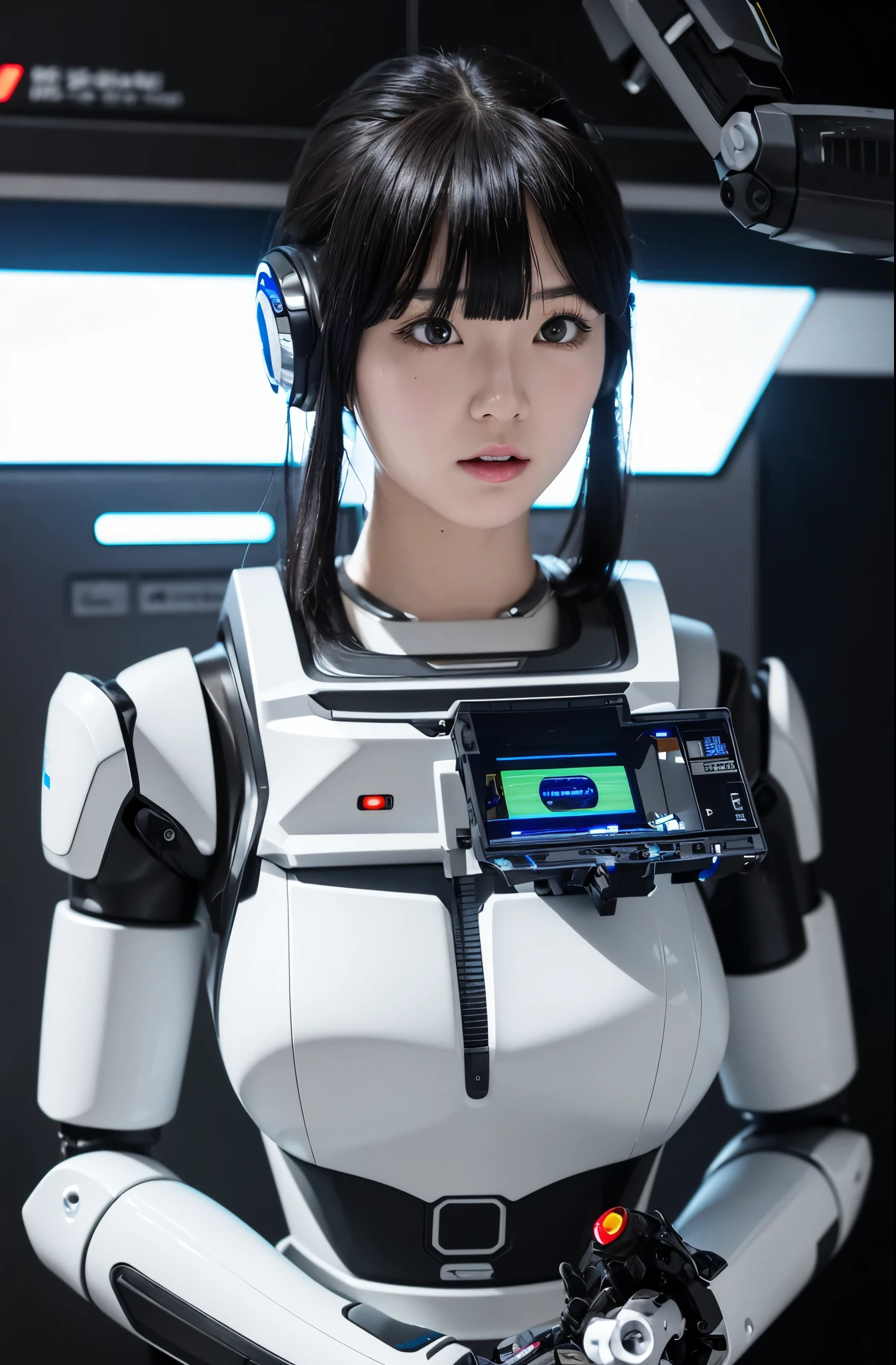 masterpiece, best quality, extremely detailed, Japaese Cyborg girl,Plump , control panels,android,Droid,Mechanical Hand, Robot arms and legs, Black Robot Parts,Black hair,Mechanical body,Blunt bangs,White robotics parts,perfect robot girl,long tube,thick cable connected her neck,ceramic body ,mechanical body, mechanical ear cover, mechanical costume,android,robot,humanoid,cyborg,japanese android woman ,mechanical chest,full eyes,future laboratory,connecting a cable between the legs,
