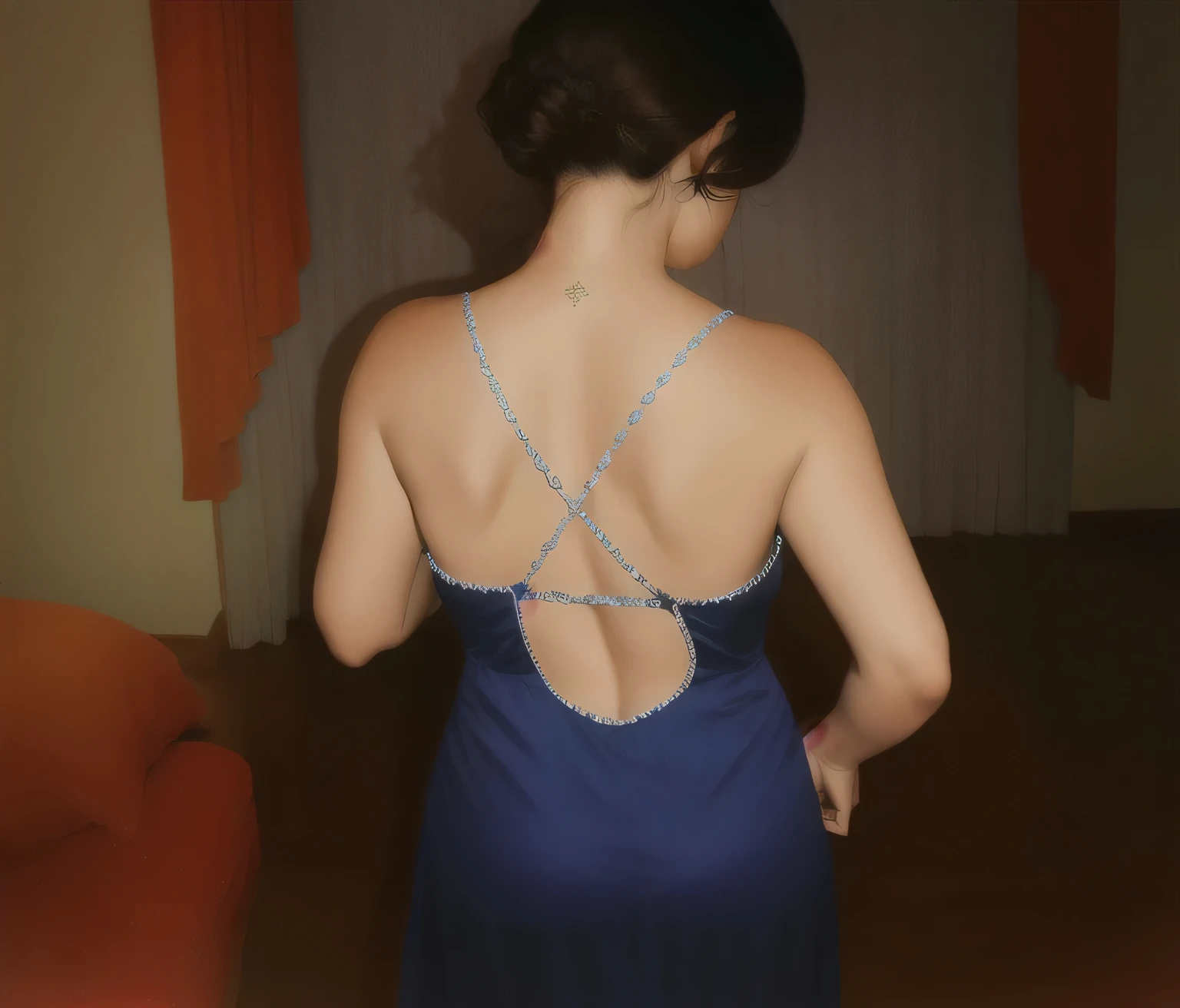 there is a woman in a blue nightgown standing in a room, tiro de volta, vista traseira, de volta - tiro, vista traseira, vista from behind, vista traseira, tiro traseiro, from behind, tiro pelas costas,