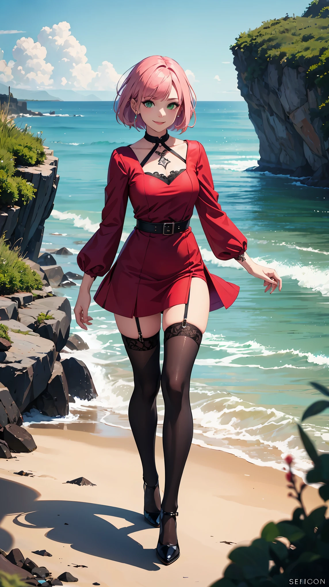 Woman with pink hair, in a short red dress, on the seashore, green eyes, wearing black stockings, you can see panties , Hair is very long, covered in sperm, Smiling, body tattoos, High quality, 8K