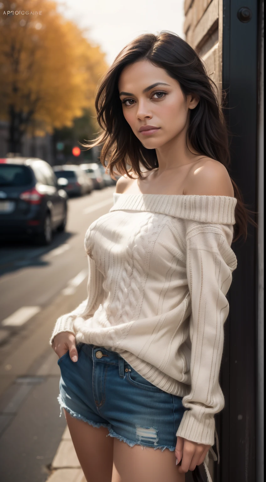 Rosario Dawson, gros seins,(masterpiece), best quality, Extremely detailed, (aquarelle), fleur, delicate and beautiful, illustration, (dessous),(1:1.4), (seulement:1.2), gros seins, (ribbed sweater:1.3), pull à épaules dénudées, (short court:1.2), bare shoulders, (Bas de la poitrine), ((peau sombre:0.8)), beaux yeux, (disheveled hair), la photographie, pulled over the shoulder, professionnel, Appareil photo Canon, Appareil photo Nikon, pointu, Bokeh, studio quality