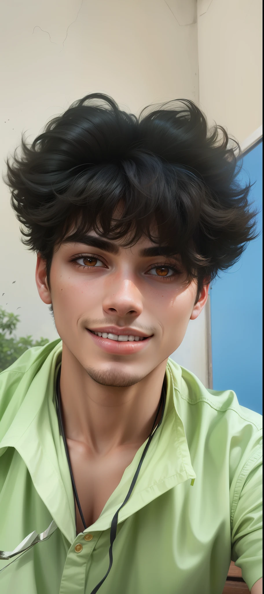 a hyper-realistic portrait of a young guy, in the middle of nature, 22 years old, realistic, (lying on her side), sexy, (handsome), short brown hair, (messy hairstyles), (fair skin), wearing black mask, perfect eyes, ((orange eyes)), perfect nose, perfect lips, perfect smile