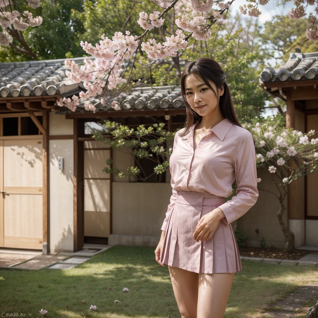 (best quality,4k,8k,highres,masterpiece:1.2),ultra-detailed,(realistic,photorealistic,photo-realistic:1.37),mature japanese woman,50 years old, smile,sexy japanese school uniform, no shirt, detailed facial features,dark hair,intense gaze,confident smile,captivating eyes,the woman standing tall,slim figure,graceful posture,soft lighting emphasizing her beauty,pink cherry blossoms in the background,sunlight filtering through the trees,light creating a dreamy atmosphere,subtle shadows adding depth,rich color palette with vibrant hues,subtle shades of pink and purple,delicate cherry blossom petals floating in the air,meticulous attention to detail on the school uniform,crisp pleats and buttoned collar,elegant accessories like a bow and knee-high socks,dynamic composition with the woman in the foreground,bokeh effect highlighting her presence,impeccable craftsmanship in every brushstroke,resulting in a stunning portrait of a mature and alluring Japanese woman.