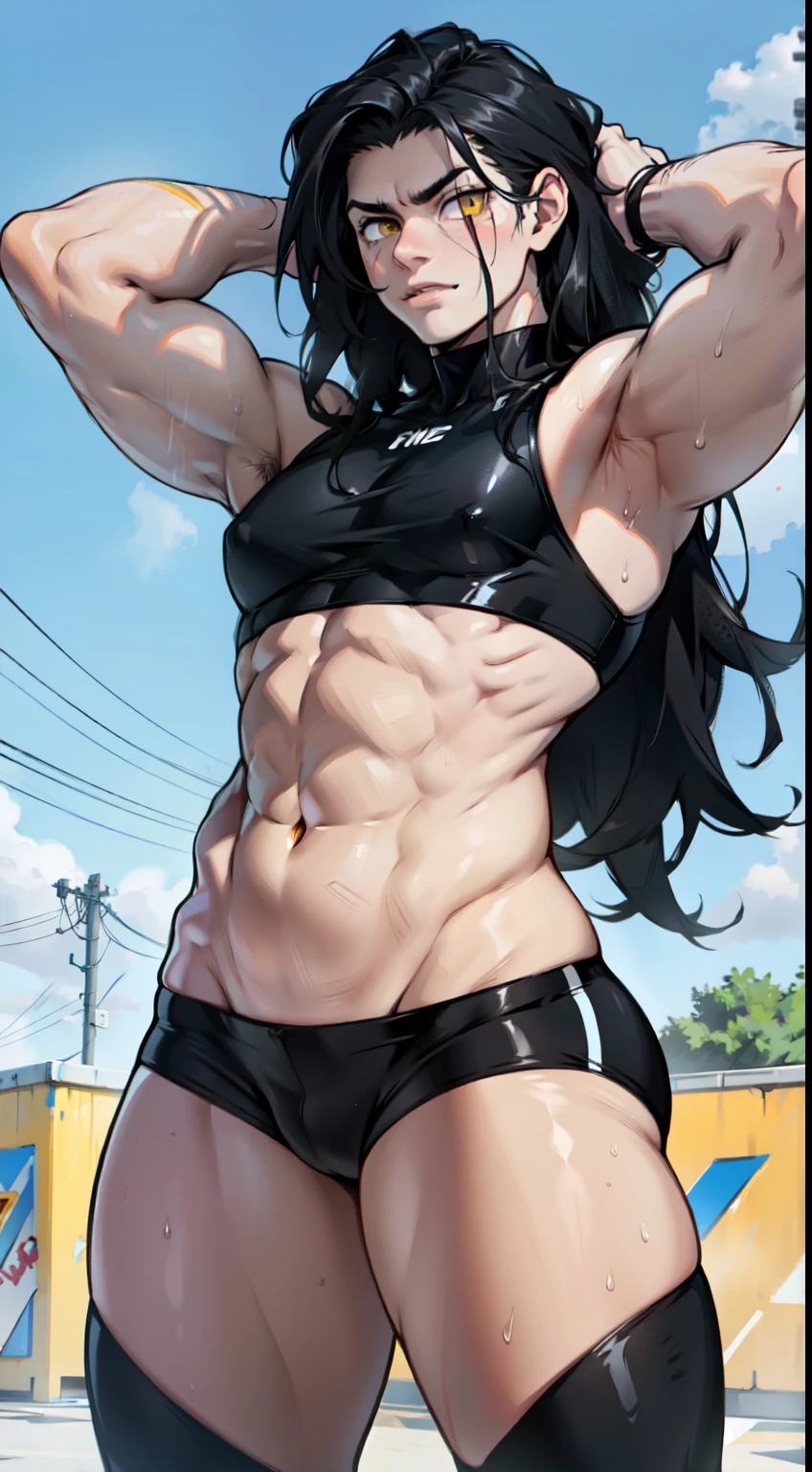 extremely long hair sweaty navel black hair yellow eyes pale skin girl muscular thick muscular thick