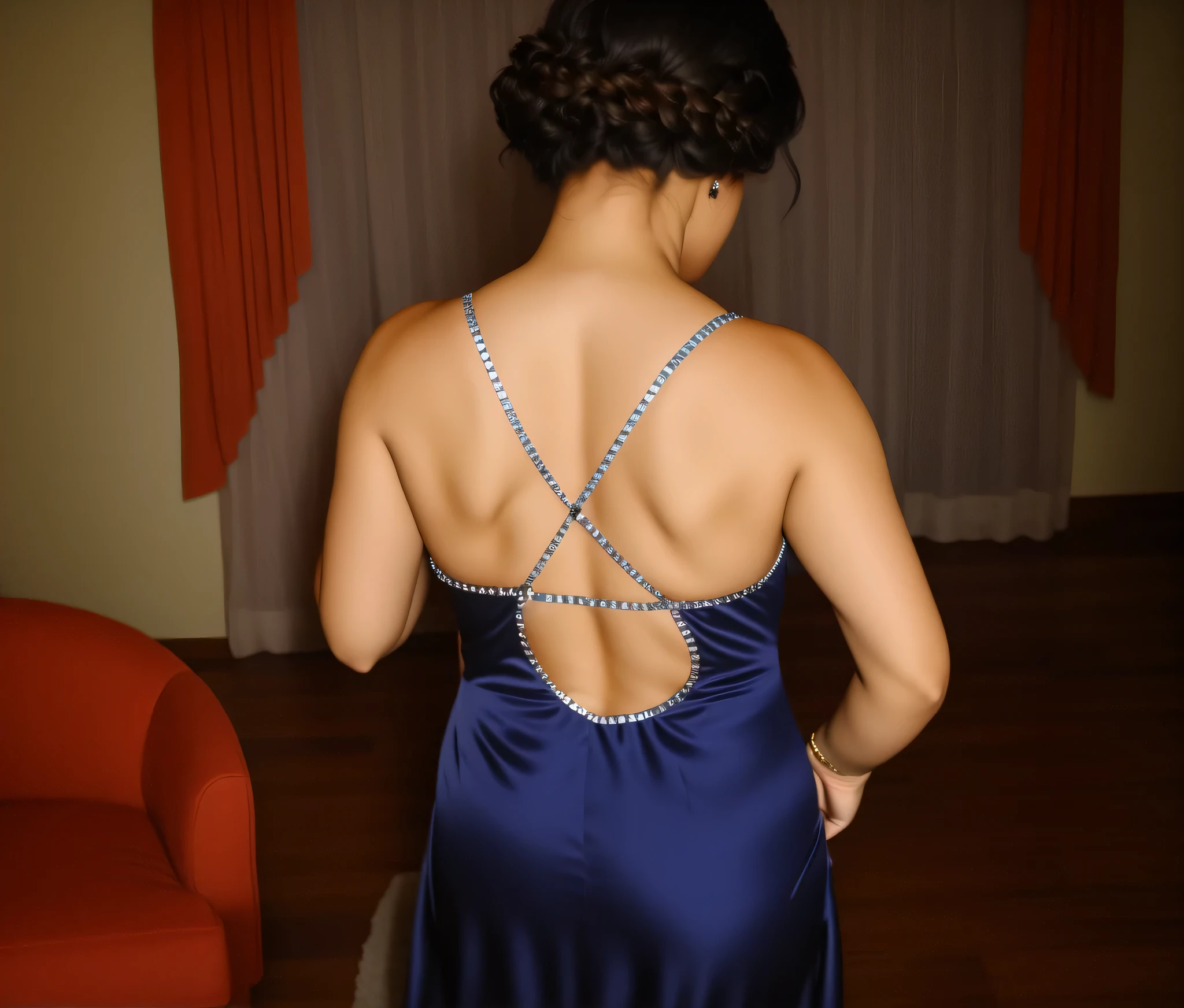 there is a woman in a blue nightgown standing in a room, tiro de volta, vista traseira, de volta - tiro, vista traseira, vista from behind, vista traseira, tiro traseiro, from behind, tiro pelas costas,