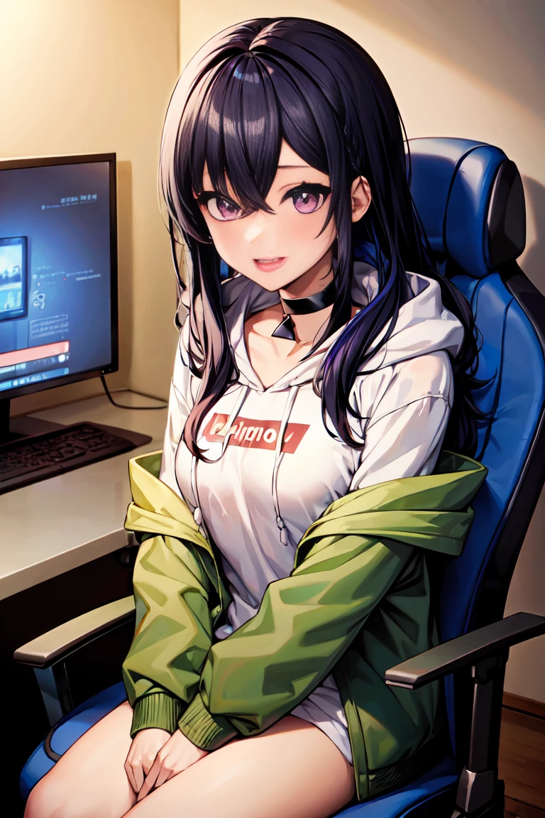 1 girl, alone, aura, long hair,Purple eye, colorful hair, black choker, white hoodie, Hood down, Green jacket, open jacket, bottomless, anime style, Pop style,indoor,Sitting in a gaming chair,playing pcgame,smile