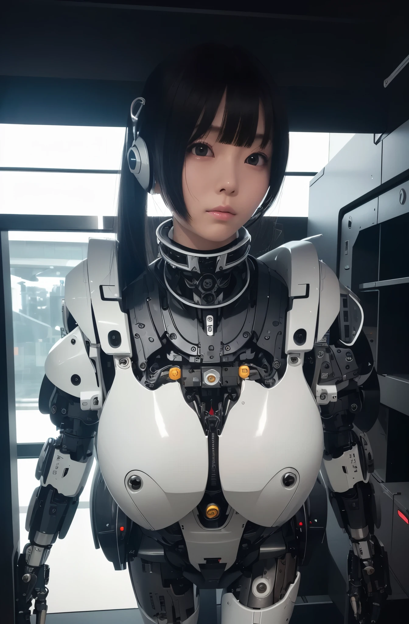 masterpiece, best quality, extremely detailed,  Japaese Cyborg girl,Plump , control panels,android,Droid,Mechanical Hand, Robot arms and legs, Black Robot Parts,Black hair,Mechanical body,Blunt bangs,White robotics parts,perfect robot girl,long tube,thick cable connected her neck,ceramic body ,mechanical body, mechanical ear cover, mechanical costume,android,robot,humanoid,cyborg,japanese android woman ,mechanical chest,full eyes,future laboratory,connecting a cable between the legs,