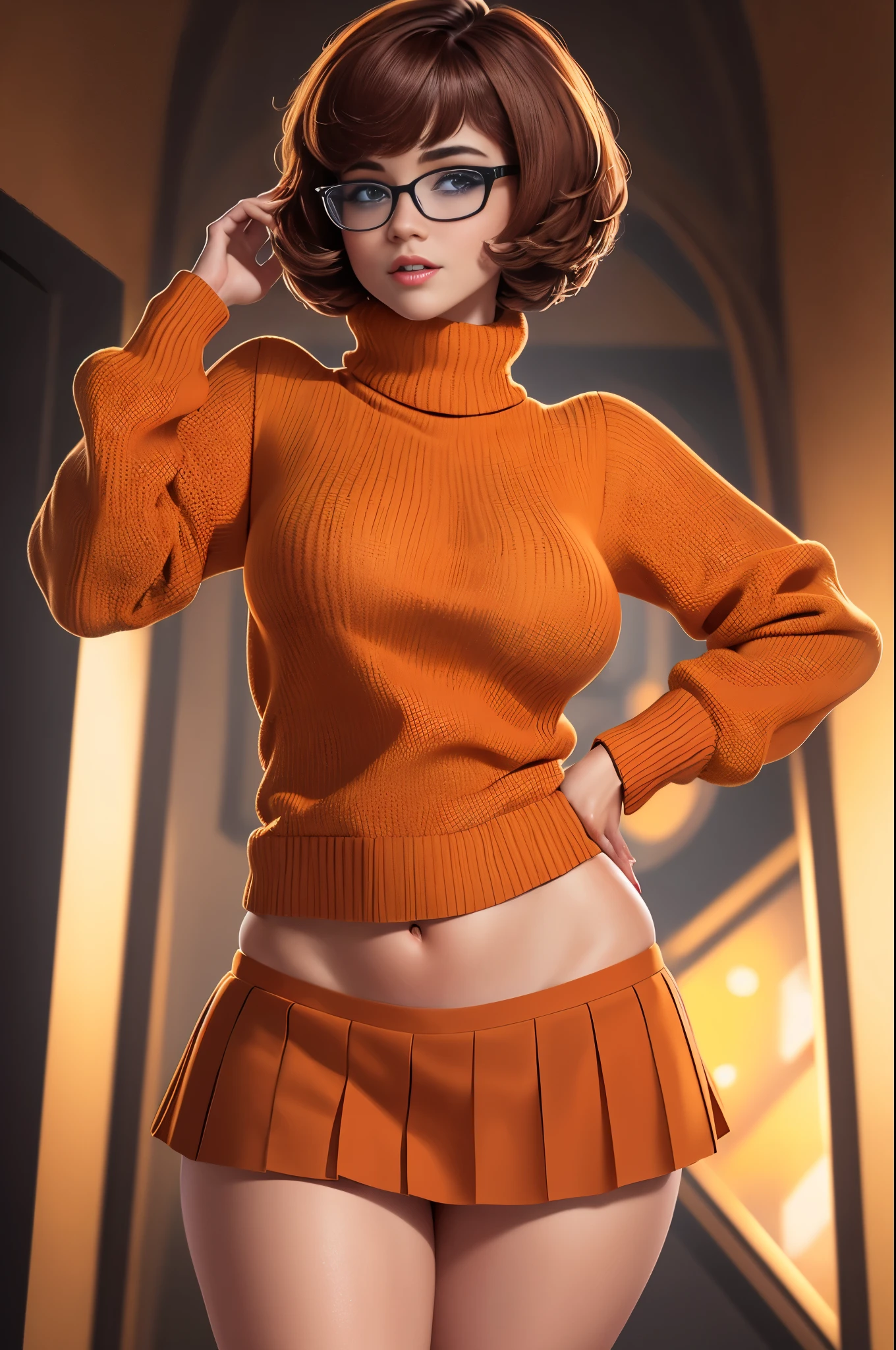 (masterpiece:1.2), (best quality), (ultra detailed), (8k, 4k, intricate),(full-body-shot:1), (highly detailed:1.2), (detailed face:1.2), ((portrait)), (dynamic pose:1.2)  Velma, 1girl, solo, bare breasts, looking at viewer, short hair, skirt, large breasts, brown hair, brown eyes, pantyhose, pleated skirt, glasses, pulling her sweater up, orange sweater exposed breasts, ((full body))