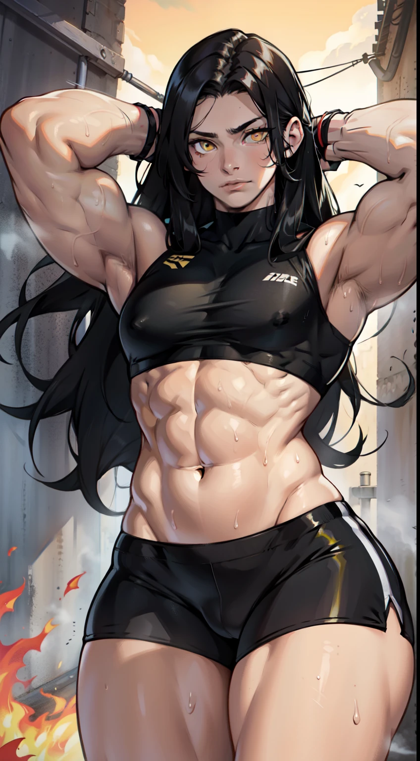 extremely long hair sweaty navel black hair yellow eyes pale skin girl muscular thick muscular thick
