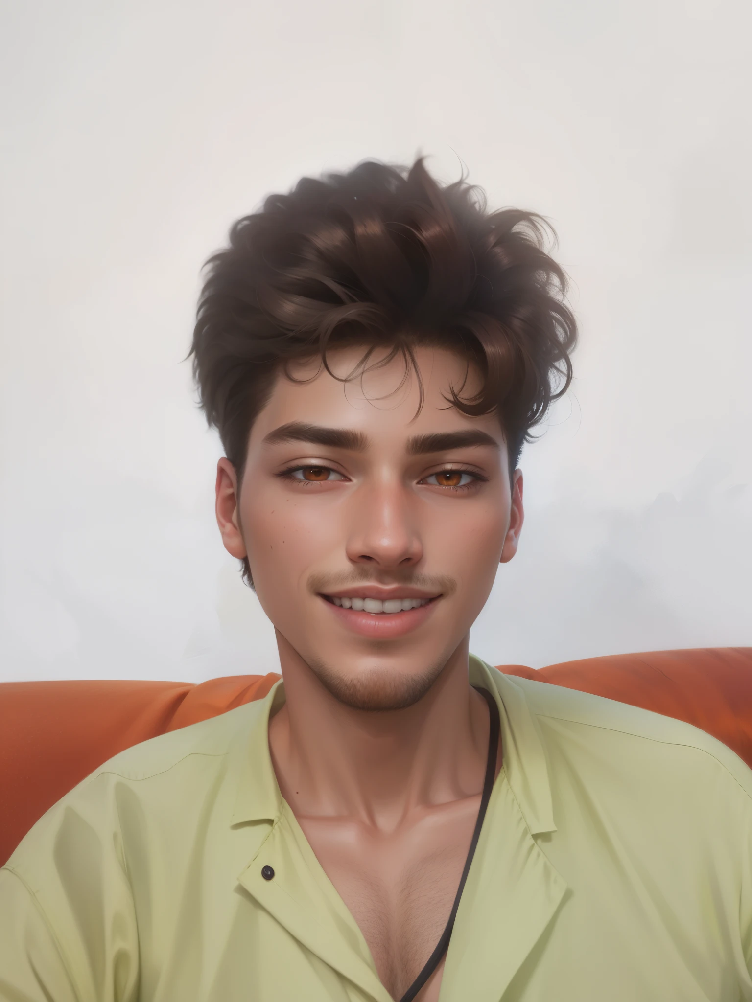 a hyper-realistic portrait of a young guy, in the middle of nature, 22 years old, realistic, (lying on her side), sexy, (handsome), short brown hair, (messy hairstyles), (fair skin), wearing black mask, perfect eyes, ((orange eyes)), perfect nose, perfect lips, perfect smile