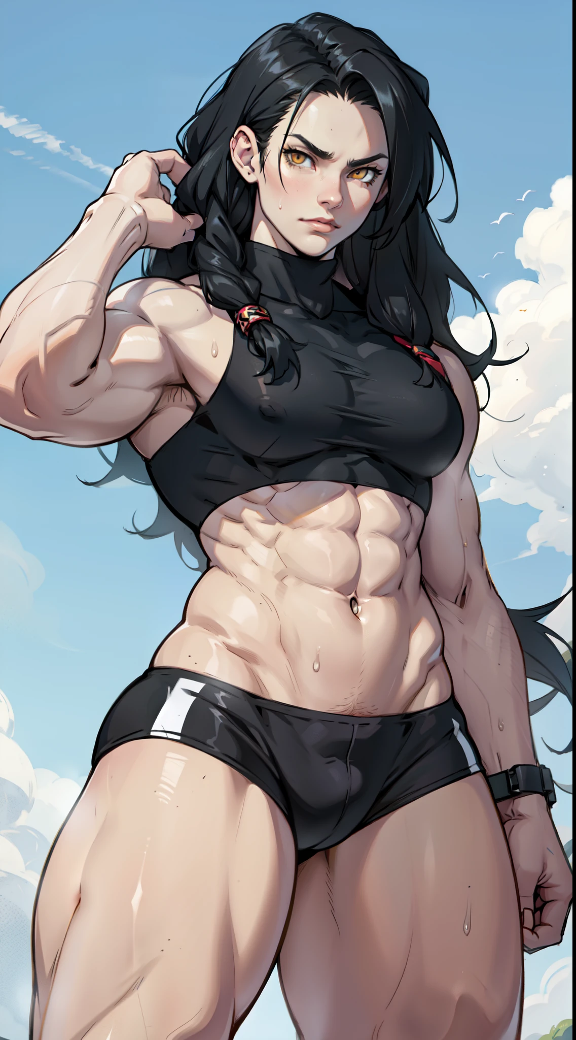 extremely long hair sweaty navel black hair yellow eyes pale skin girl muscular thick muscular thick 