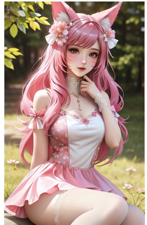 (tmasterpiece: 2.0,Best picture quality),(Ultra-fine eyes: 2.0),ph_REM,Remoud(1girll),A pink-haired,独奏,Four-leaf eye,x Headgear,Lace leg ornament,Bow knot,Long socks,lacepantyhose,Liquid socks,Mesh A-line skirt,Floral dress,ta shoes,full bodyesbian,Two hands,Two legs,Photo art,offcial art,faeries,Skysky,rays of sunshine,Peach Blossom Forest,peach blossom,SakuraNS。