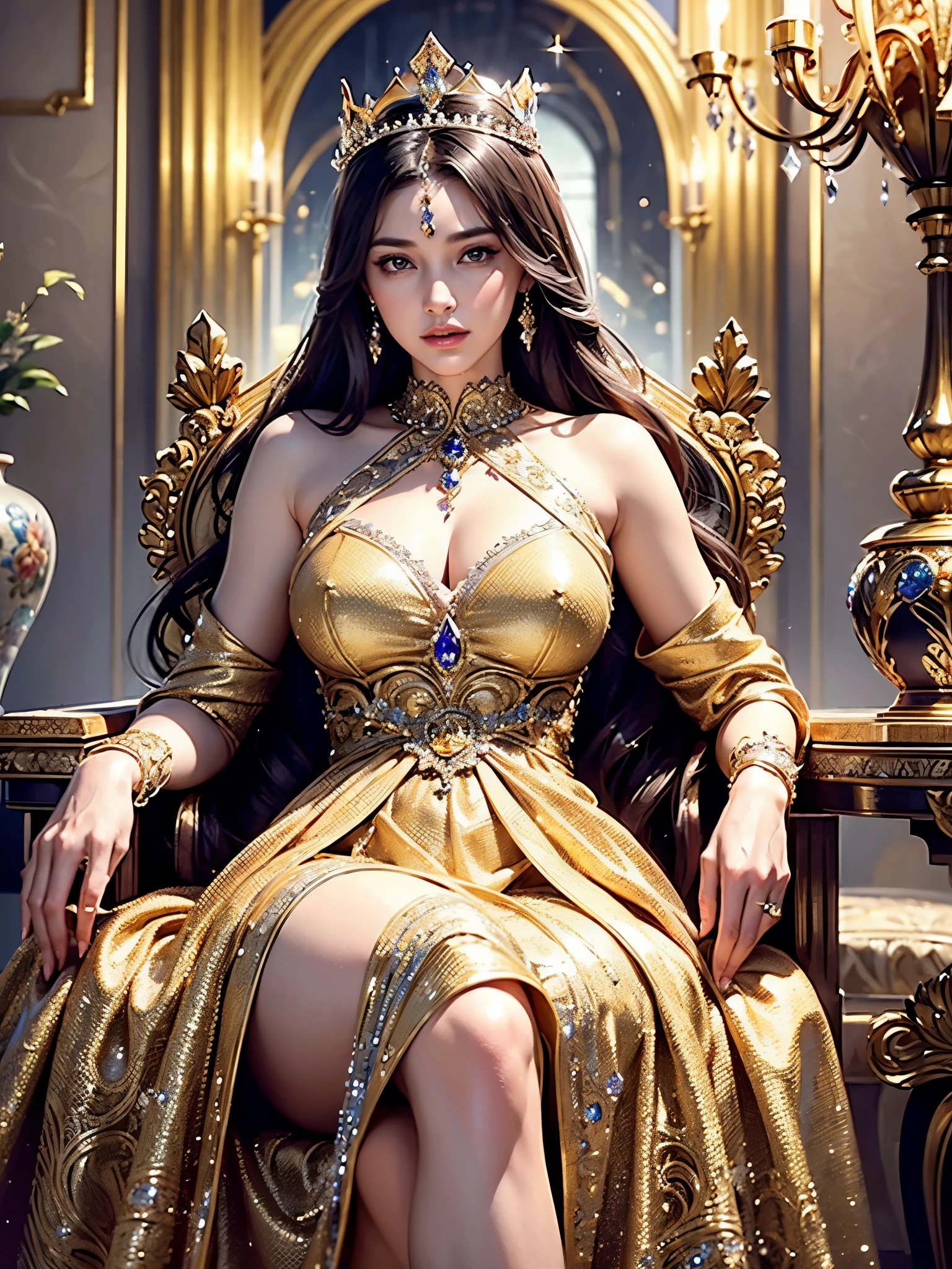 ((highest quality)),(ultra high resolution),(Super detailed),(detailed description),((best CG)),(best work of art),super precision art,great drawing art,(Fantasy art with precise details:1.5), (One queen:1.5),Beautiful face 1.5,make:1.6,(A luxurious and gorgeous dress with intricate details:1.5),(A sparkling crown encrusted with jewels:1.4),Wang Wat:1.2,Luxurious throne:1.5, Chandelier with magical light:1.6