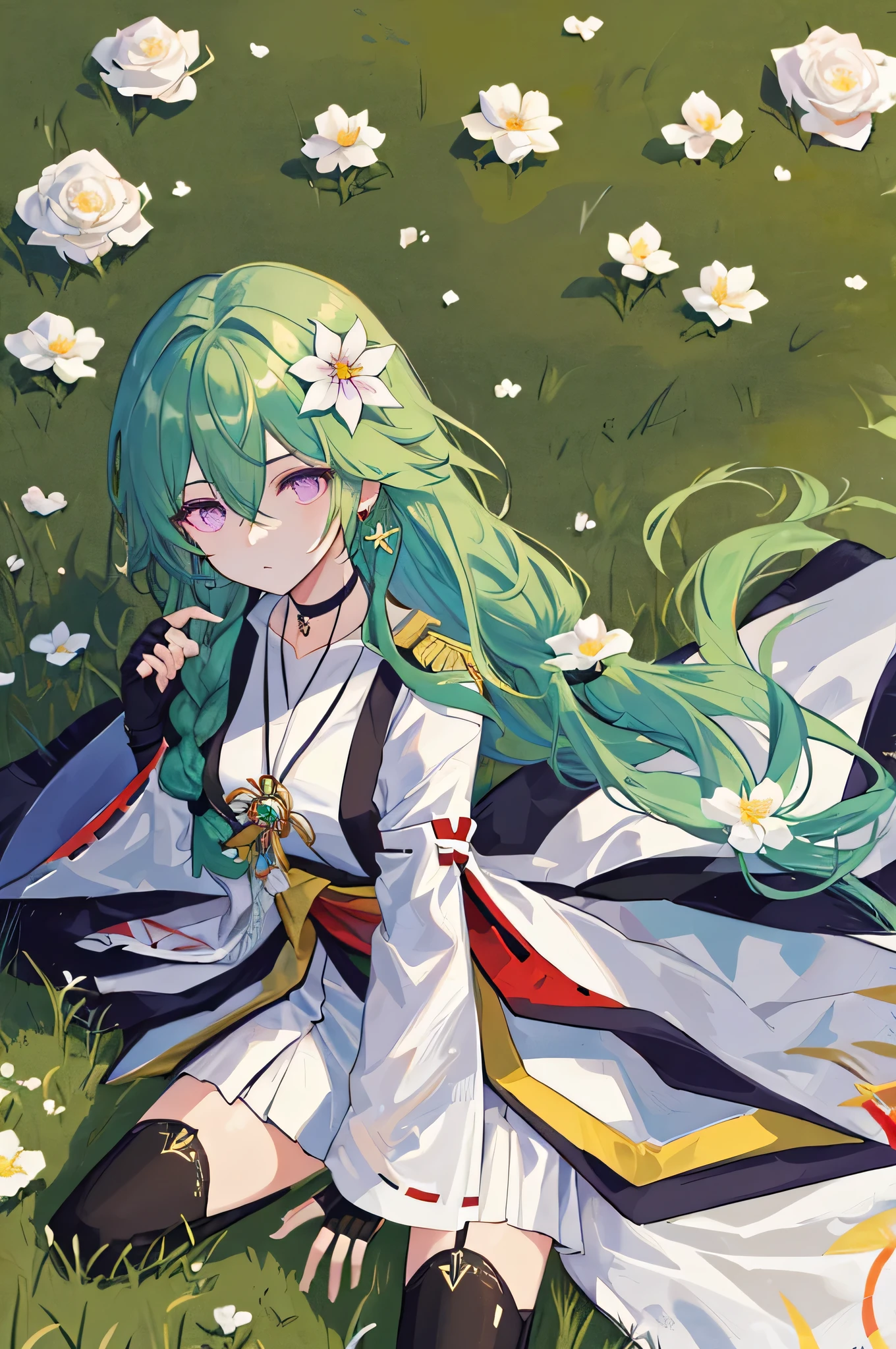 (masterpiece, highest quality: 1.4), meadow background, long hair, jewelry, earrings, necklace, bride, ((green hair)),  (overlook), dynamic angle, Super detailed, figure, close, look directly, 1 girl,  (purple eyes: 1.233), Her eyes shine like dreamy stars, (shining eyes: 1.233), (beautiful and delicate eyes: 1.1), (green hair: 1.4), (messy hair, Very long hair, french braid, hair between eyes, side hair), (+(white hair flower: 1.14)), (Chiffon dress, uniform white flower pattern)/= (uniform: 1.24), (fingerless gloves), choker, (miko thighhighs), high heel boots, (Expressionless, shut up), [delicate fingers and hands:0.55]::0.85], (Finger Detail), (yubao:0.5),((meadow background)),Sitting on the lawn,detailed background,((turquoise hair)),green hair,((green hair)),