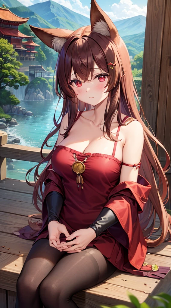 ((masterpiece、highest quality))、Guido Daniele&#39;s hands、Lying down、cinematic angle、dutch angle、a beautiful woman with big breasts、Day、null、Mountain、wood、outdoor、river、hot spring、nature、torii、Imperial coin、temple、naked、black tactical gloves、tail、nine tailed fox、long hair、split-colored hair、Color Chip、brown hair、redhead、bangs、hair ornaments、animal ears、fox ears、blush、shy face、red eyes、long eyes、put your hand on your chest