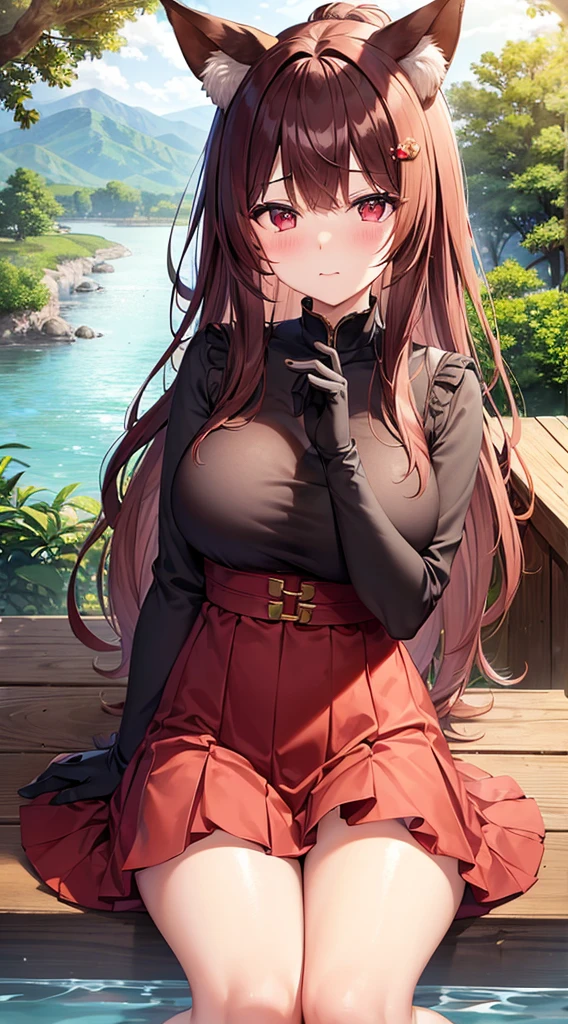 ((masterpiece、highest quality))、Guido Daniele&#39;s hands、Lying down、cinematic angle、dutch angle、a beautiful woman with big breasts、Day、null、Mountain、wood、outdoor、river、hot spring、nature、torii、Imperial coin、temple、naked、black tactical gloves、tail、nine tailed fox、long hair、split-colored hair、Color Chip、brown hair、redhead、bangs、hair ornaments、animal ears、fox ears、blush、shy face、red eyes、long eyes、put your hand on your chest