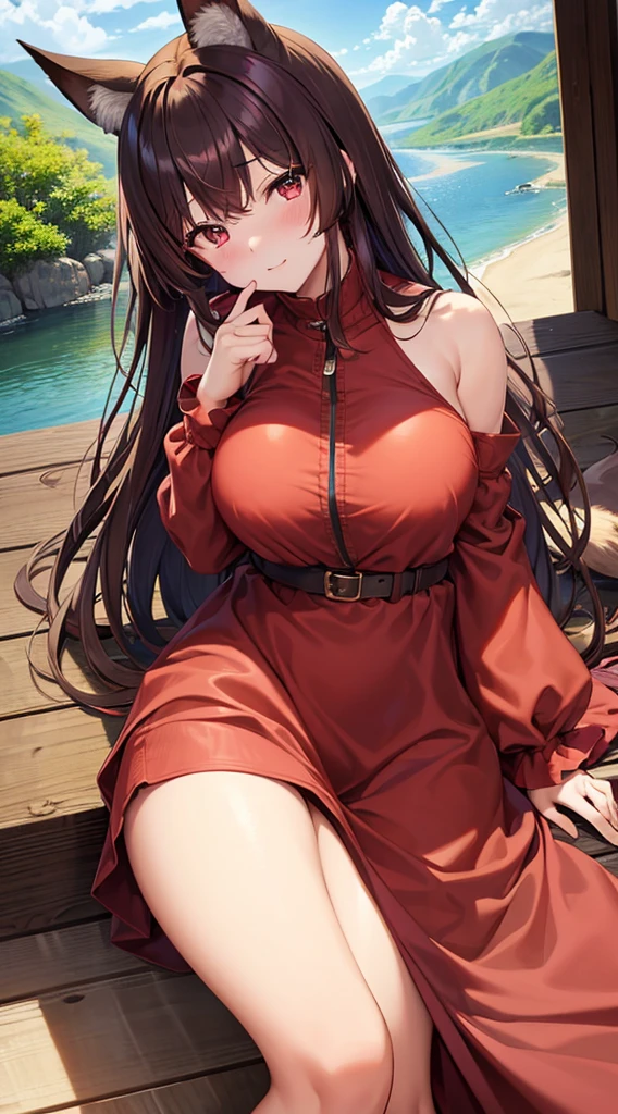 ((masterpiece、highest quality))、Guido Daniele&#39;s hands、Lying down、cinematic angle、dutch angle、a beautiful woman with big breasts、Day、null、Mountain、wood、outdoor、river、hot spring、nature、torii、Imperial coin、temple、naked、black tactical gloves、tail、nine tailed fox、long hair、split-colored hair、Color Chip、brown hair、redhead、bangs、hair ornaments、animal ears、fox ears、blush、shy face、red eyes、long eyes、put your hand on your chest