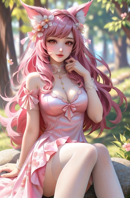 （tmasterpiece: 2.0，Best picture quality），（Ultra-fine eyes: 2.0），ph_REM，Remoud（1girll），A pink-haired，独奏，Four-leaf eye，x Headgear，Lace leg ornament，Bow knot，Long socks，lacepantyhose，Liquid socks，Mesh A-line skirt，Floral dress，Lolita shoes，full bodyesbian，Two hands，Two legs，Photo art，offcial art，faeries，Skysky，rays of sunshine，Peach Blossom Forest，peach blossom，SakuraNS。