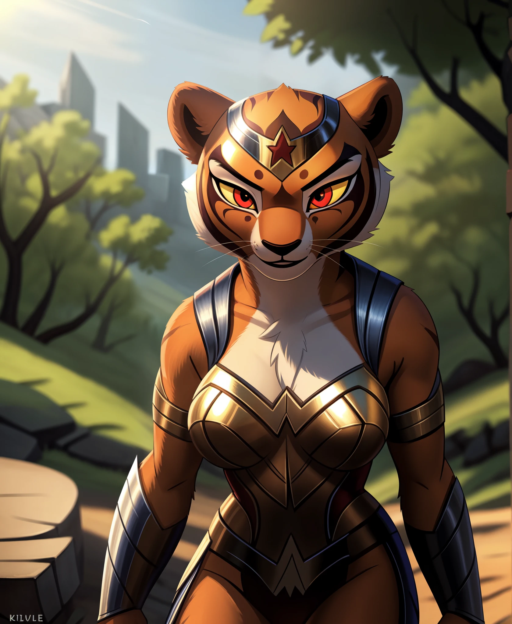 (by kilver), (by canxue), (by yuris (artist)), (by skyline comet), (by pestil),, solo,female (cute:1.1) master tigress,detailed background, outdoors, cinematic lighting, animated movie, artistic, 8k hd, photo, photoreal, (detailed fur:1.3) (furr detail, fluffy:1.3), (big detailed red eyes, yellow sclera:1.2),, depth of field,,, wearing Wonder Woman's Armor from (Justice League: unlimited),