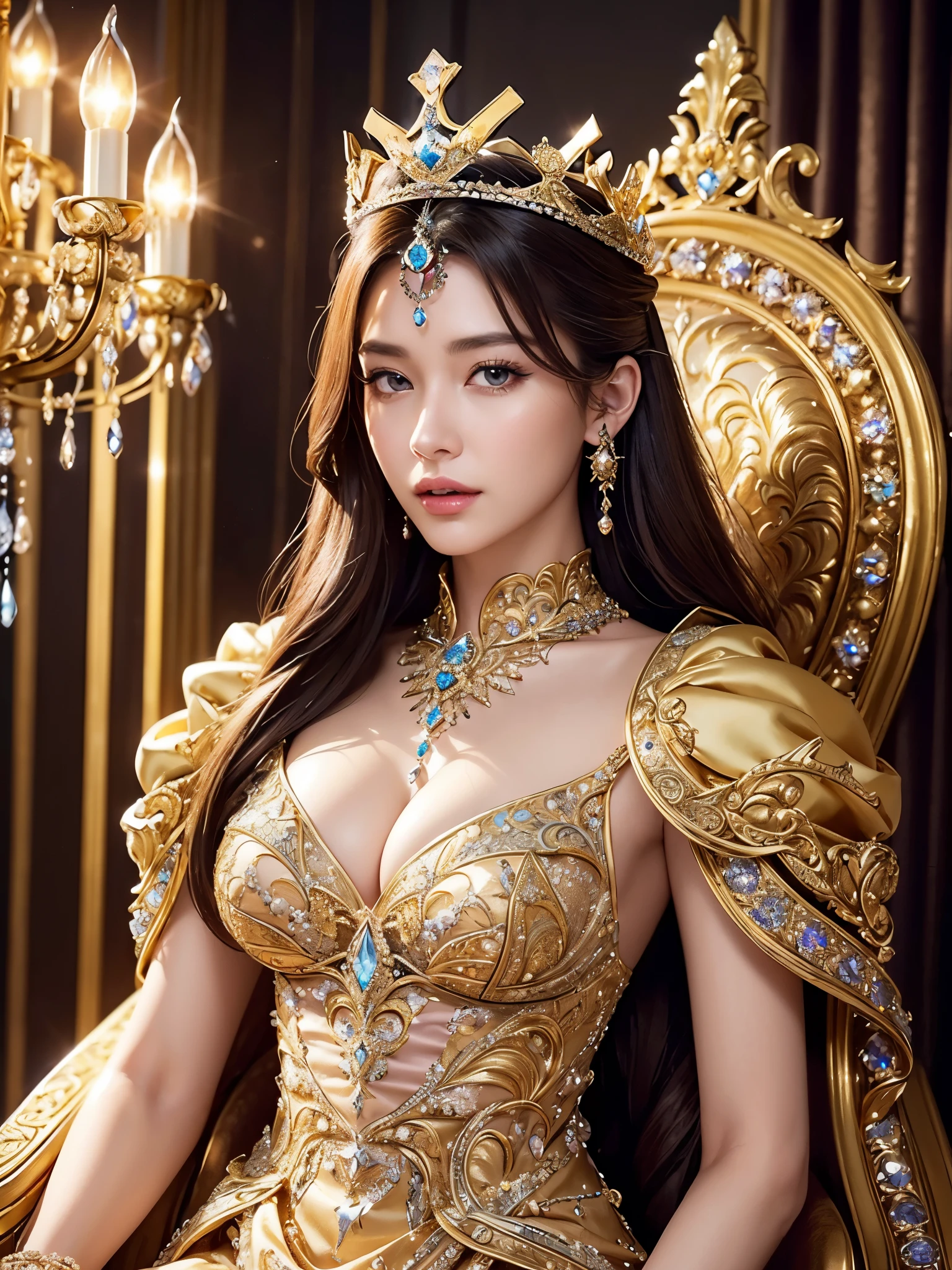 ((highest quality)),(ultra high resolution),(Super detailed),(detailed description),((best CG)),(best work of art),super precision art,great drawing art,(Fantasy art with precise details:1.5), (One queen:1.5),Beautiful face 1.5,make:1.6,(A luxurious and gorgeous dress with intricate details:1.5),(A sparkling crown encrusted with jewels:1.4),Wang Wat:1.2,Luxurious throne:1.5, Chandelier with magical light:1.6