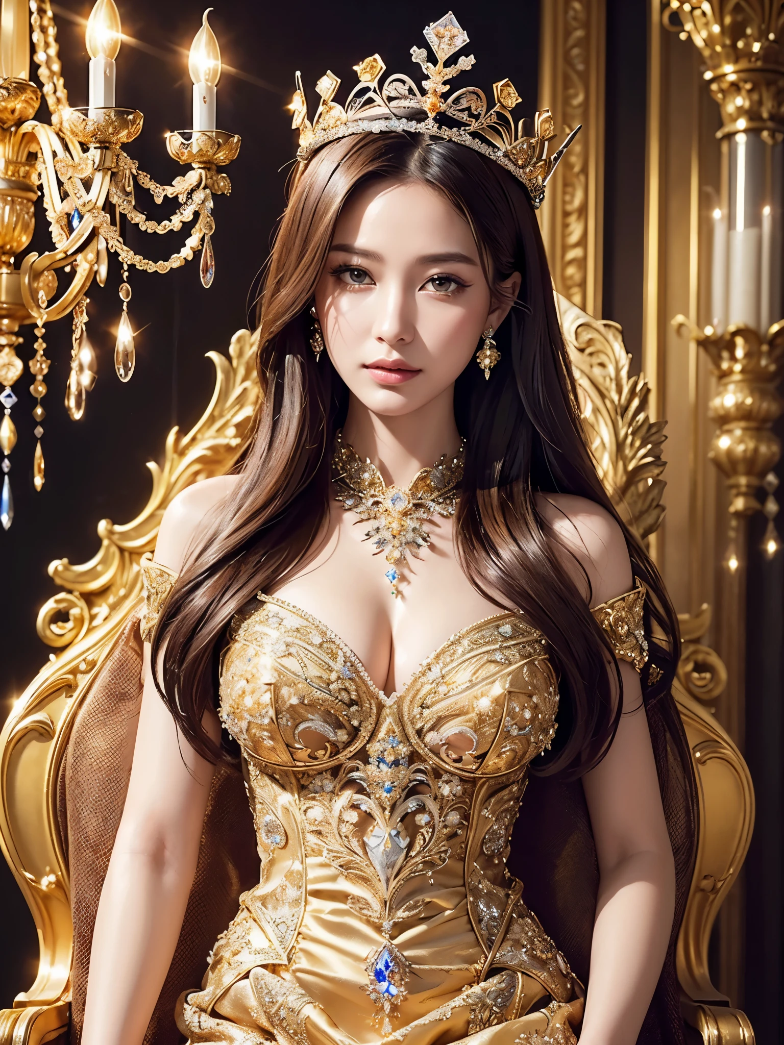 ((highest quality)),(ultra high resolution),(Super detailed),(detailed description),((best CG)),(best work of art),super precision art,great drawing art,(Fantasy art with precise details:1.5), (One queen:1.5),Beautiful face 1.5,make:1.6,(A luxurious and gorgeous dress with intricate details:1.5),(A sparkling crown encrusted with jewels:1.4),Wang Wat:1.2,Luxurious throne:1.5, Chandelier with magical light:1.6
