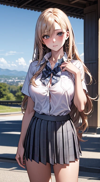 (masterpiece:1.2, highest quality), (Realistic, photoRealistic:1.4), Beautiful illustrations,
View your viewers, whole body, Front view:0.6,
1 girl, Japanese, high School girl, (Long Hair:1.5), Hair fluttering, (Half Up, Half Updo), bangs, Hair between the eyes, Large Breasts:0.8,
Beautiful Hair, Beautiful Face, Beautiful fine details, Beautiful clavicle, Beautiful body, Beautiful breasts, Beautiful thighs, Beautiful feet, Beautiful fingers,
(Beautiful views), , School,
((Collared short-sleeved shirt, White shirt, , Grey plaid pleated skirt, Blue checked bow tie)), White panties,
(Are standing, , Lift up your skirt, Grab the hem of your skirt, Place your hand on your chest, Place your hands between your legs),
blush, ,blue eyes,White Hair
