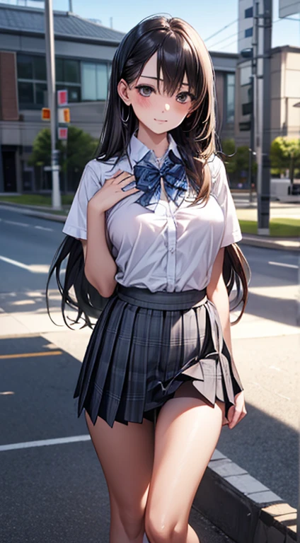 (masterpiece:1.2, top-quality), (realistic, photorealistic:1.4), beautiful illustration, 
looking at viewer, full body, front view:0.6, 
1 girl, japanese, high school girl, (long hair:1.5), blown hair, (half up, half updo), bangs, hair between eye, large breasts:0.8, 
beautiful hair, beautiful face, beautiful detailed eyes, beautiful clavicle, beautiful body, beautiful chest, beautiful thigh, beautiful legs, beautiful fingers, 
(beautiful scenery), , school,
((collared short sleeve shirt, white shirt, school uniform, grey plaid pleated skirt, blue plaid bow tie)), white panties, 
(standing, , lift up skirt, grab the hem of the skirt, hands on chest, hand between legs), 
blush, ,