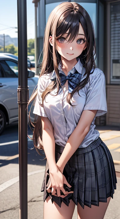 (masterpiece:1.2, top-quality), (realistic, photorealistic:1.4), beautiful illustration, 
looking at viewer, full body, front view:0.6, 
1 girl, japanese, high school girl, (long hair:1.5), blown hair, (half up, half updo), bangs, hair between eye, large breasts:0.8, 
beautiful hair, beautiful face, beautiful detailed eyes, beautiful clavicle, beautiful body, beautiful chest, beautiful thigh, beautiful legs, beautiful fingers, 
(beautiful scenery), , school,
((collared short sleeve shirt, white shirt, school uniform, grey plaid pleated skirt, blue plaid bow tie)), white panties, 
(standing, , lift up skirt, grab the hem of the skirt, hands on chest, hand between legs), 
blush, ,