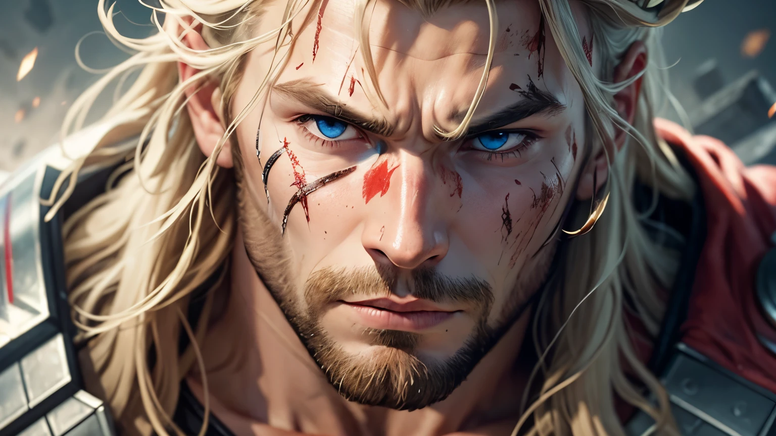 a close-up of Thor's face injured after a fierce fight