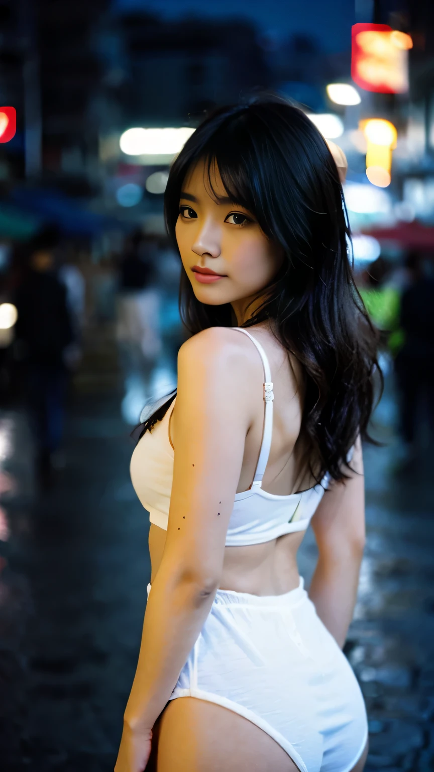 1girl,solo,Rough skin,from back,face focus,(looking at viewer:1.2),wet hair,dark,polaroid,(depth_of_field:1.5),rainy days,outdoors,street,hair between eyes,moody lighting,Tyndall effect,Cinematic Lighting,night,lamppost,lens flare,available light,rim light,glowing neon lights,curvy, no panties, korea girl,