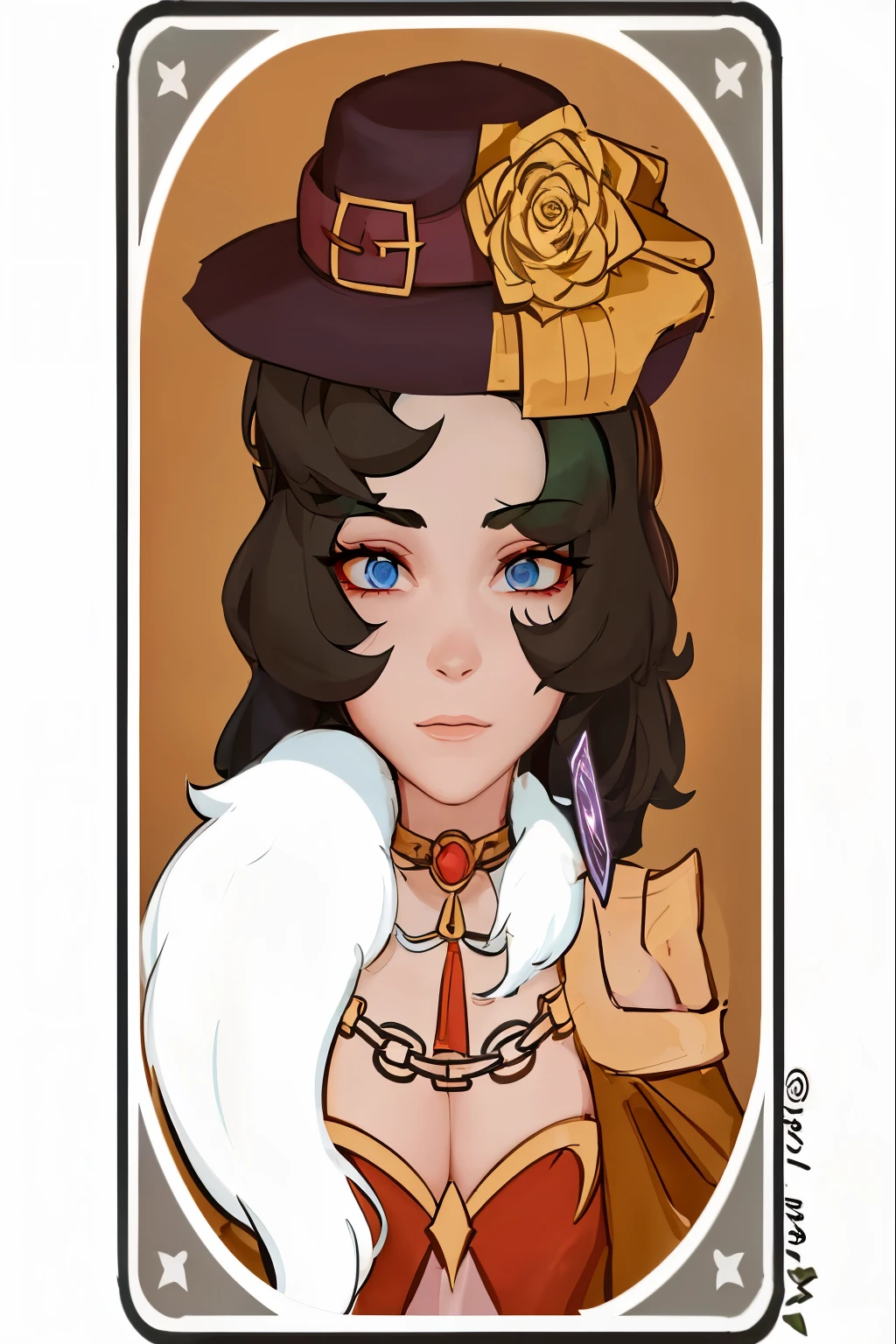a close up of a cartoon character with a hat and a rose, black - haired mage, [ tarot card ]!!!!!, youthful taliyah, taliyah, human :: sorceress, abigail larson, portrait of a female mage, card art, ((portrait)), inspired in kris from deltarrune, trading card, /!\ the sorceress