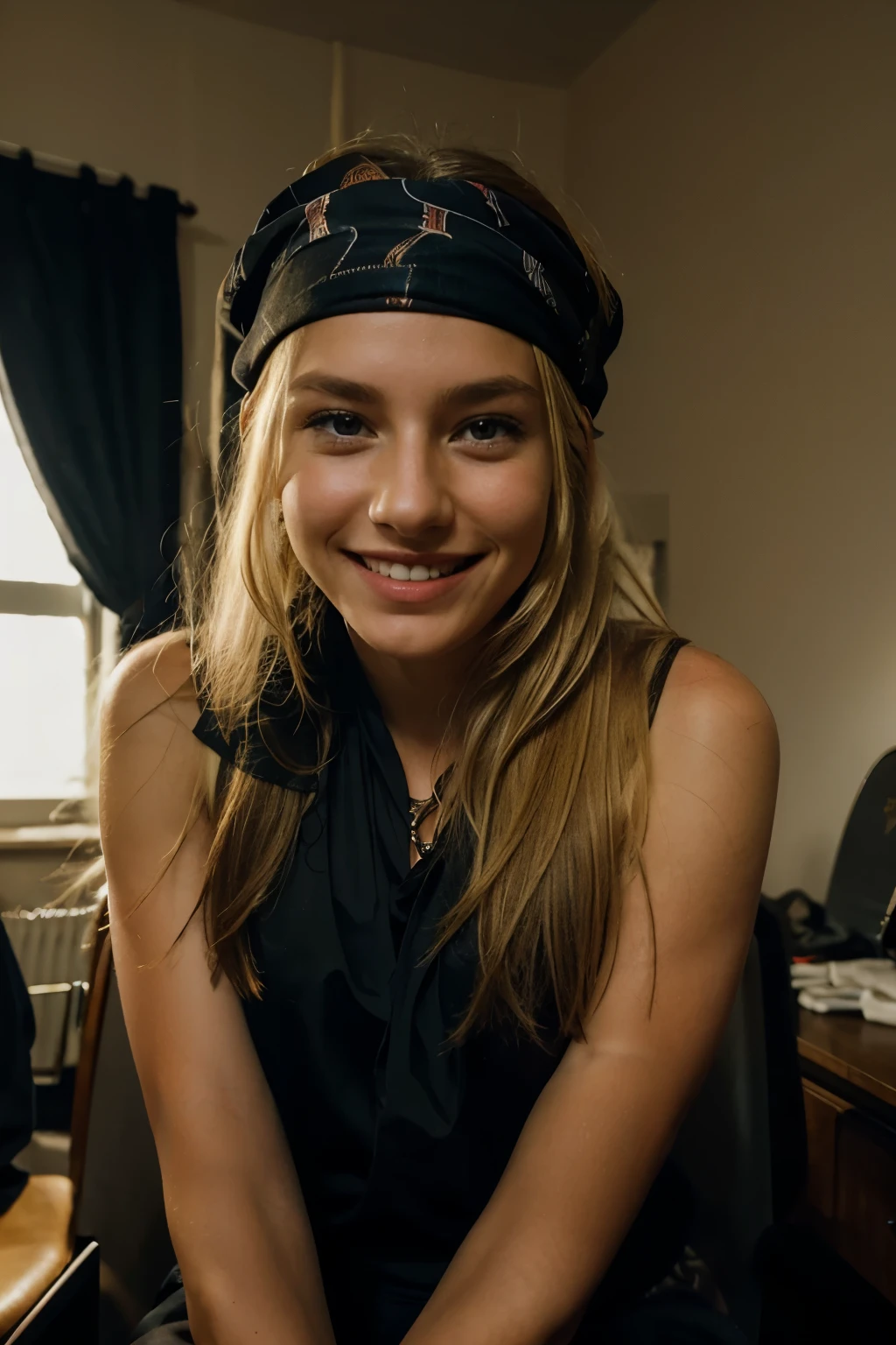 A beautiful European girl is sitting on a chair in her dimly lit room, with a black bandana over her blonde hair, a sweet and sincere smile