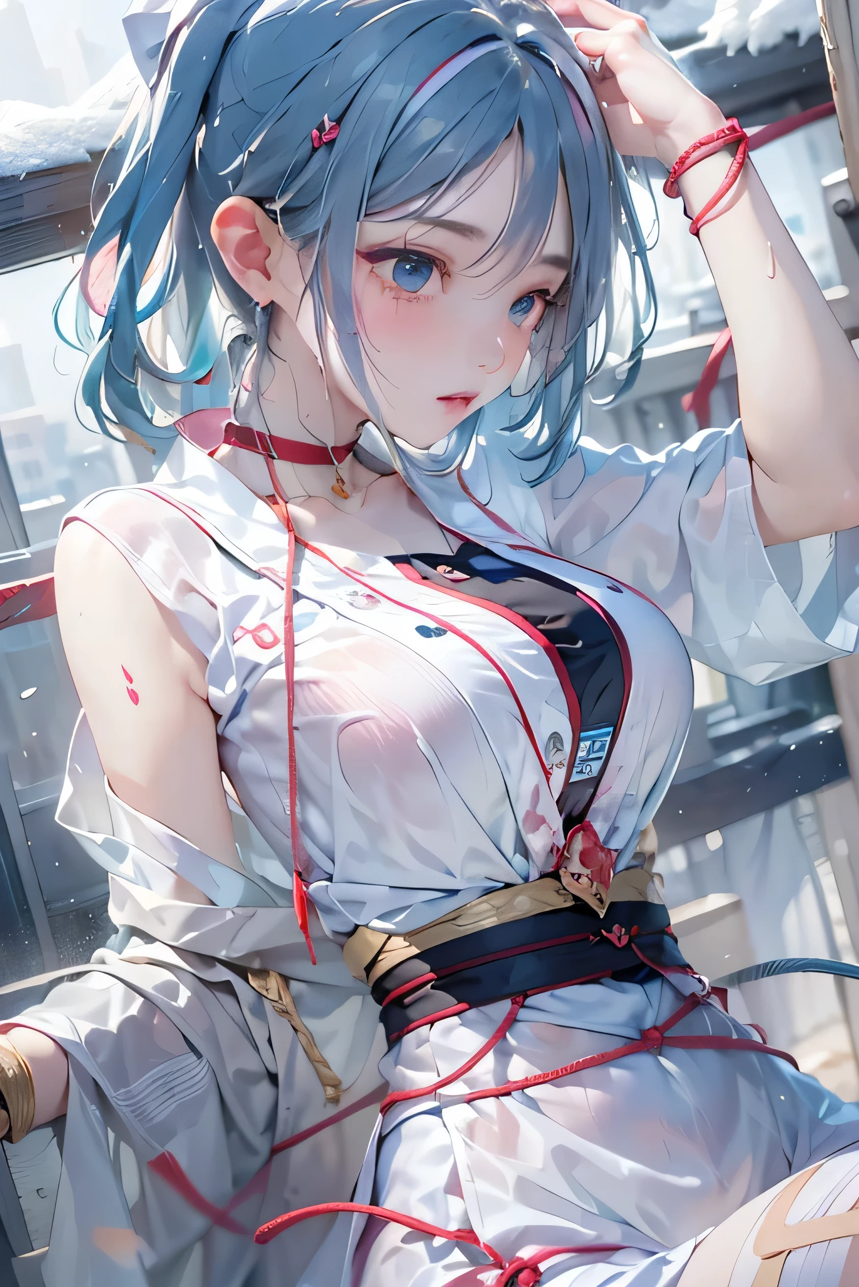 (photorealistic:1.3, highest quality:1.3,8Kmasterpiece, masterpiece:1.3,High resolution,muste piece:1.2),A 23-year-old woman bathed in a hot spring,(white underwear:1.3,choker), Clean wet skin, (looking at the camera:1.2),angle(Photo seen from below:1.3),(short hair:1.2,bright blue hair:1.5), (blushing:1.3,embarrassing:1.1,Smile:1.1), (full of sweat:1.3),Red rope,(rope bondage,Shibari:1.6, chest bondage:1.5),Pause(足を広げた大胆なPause,ダイナミックPause:1.2),background(open-air bath,steam,vapor,snow scene,snow mountain:1.3, sunrise:1.3),(Wet clothes stuck to my skin:1.4),(Nipples visible through clothing),(genitals visible through clothing),(Butt visible through clothes),(slender, abs:1.2),(young skinny gravure idol, sophisticated gravure idol),(detailed perfect face),normal hands:1.5,normal finger:1:5,normal feet:1.5,(cameltoe)